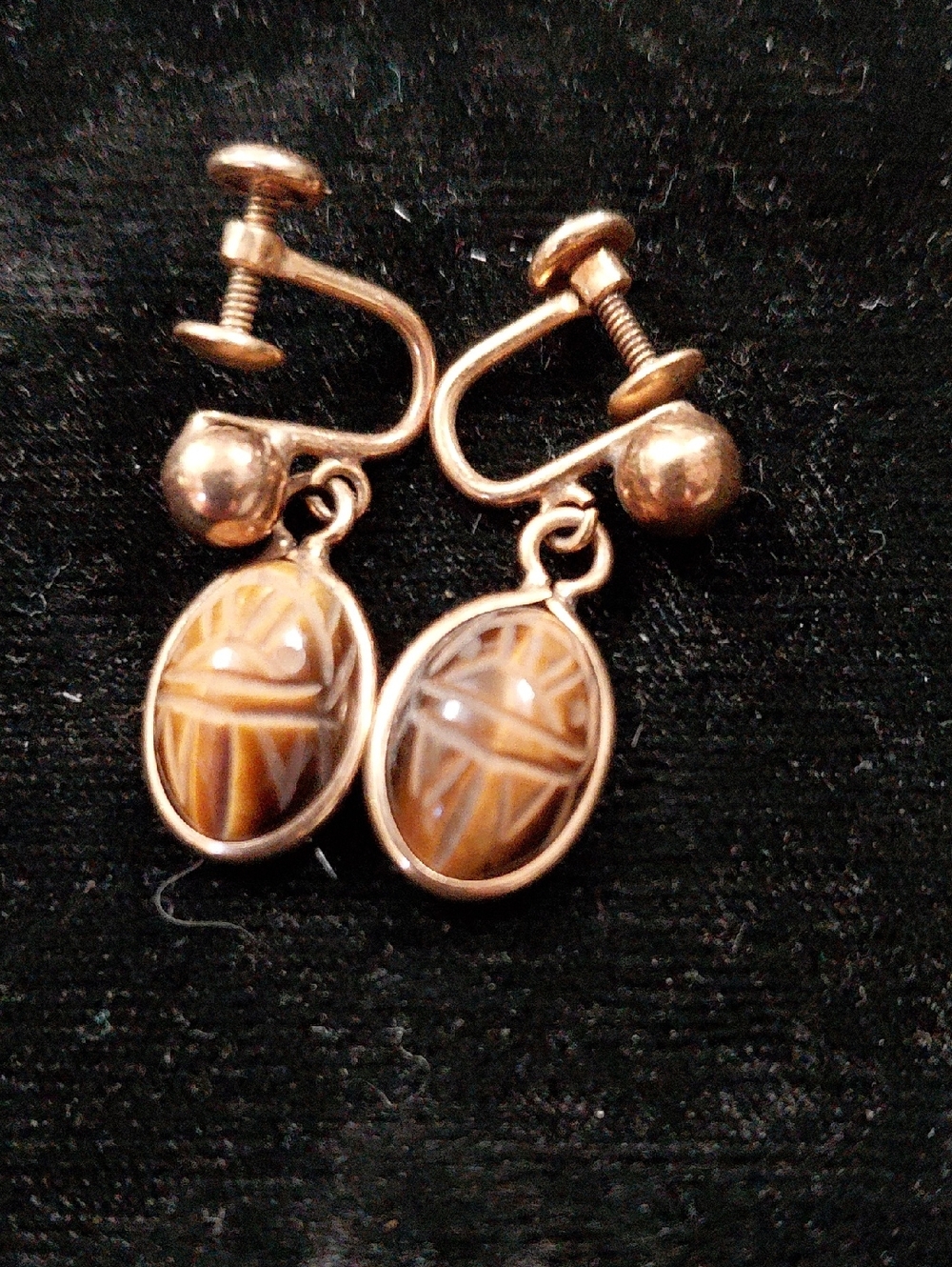 Vintage Tiger's Eye Gold Filled  Scarab Drop Screw-Back Earrings
